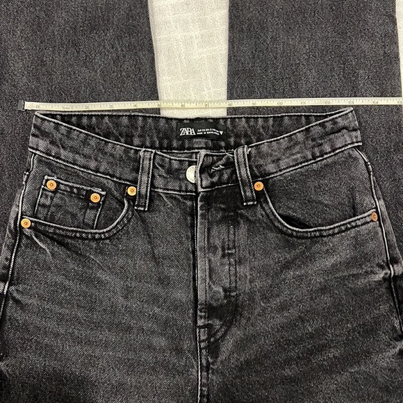 Zara High Waist Button Fly Distressed Hem Jeans | 2 | Black - Picture 6 of 6